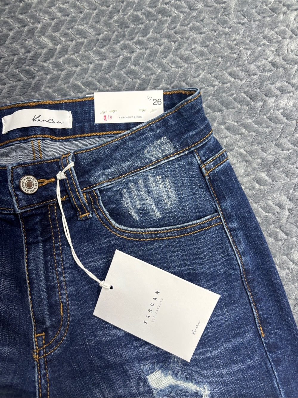 KanCan Dark Blue Distressed Jeans with Yellow Leopard Patch & Cuff - Picture 3 of 8